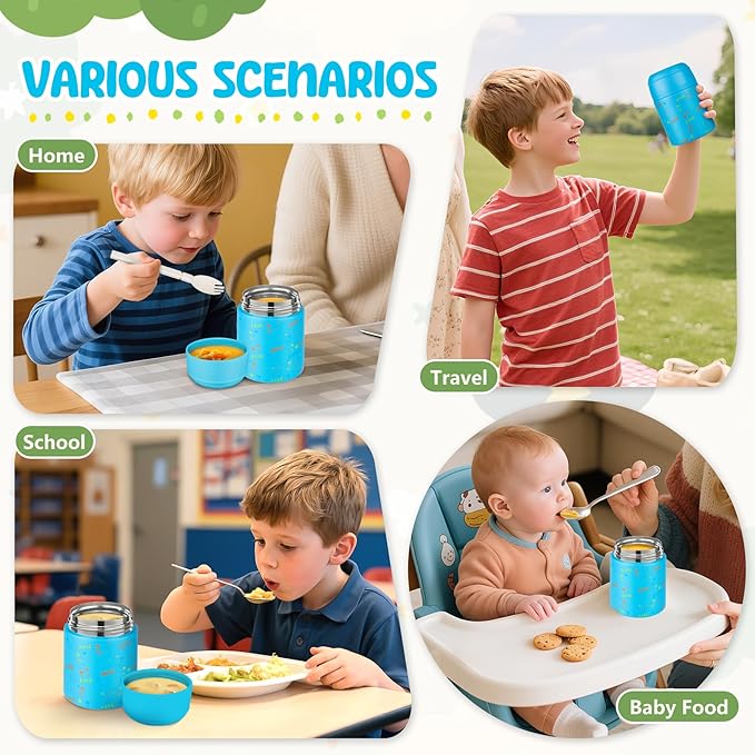 10oz Soup Thermo for Hot Food Kids Insulated Food Jar with Spoon Wide Mouth Stainless Steel Lunch Container Leak Proof Vacuum Food Box for School Travel Picnic Blue Dinosaur