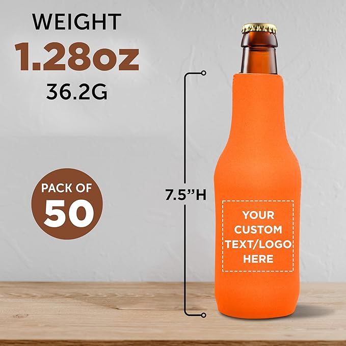 50 Neoprene Zippered Beer Bottle Coolies Pack - Customizable Text, Logo - Sharkskin Rubber Bottom - Neon Orange