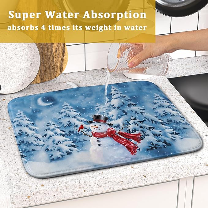 Blue Snowman Dish Drying Mat Winter Pine Tree Drainer Rack Mats 16x18 Inch Absorbent Fast Dry Dish Pad Protector Kitchen Counter Accessories