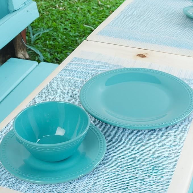 Aqua Melamine Dinnerware Sets of 12 Pcs, BPA Free Dishes Set, Plates and Bowls Sets for Indoor Outdoor Dining on the Beach, RV, Camping Use,Lightweight Unbreakable Dishwasher Safe