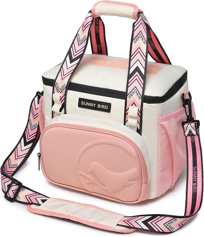 SUNNY BIRD 12L Large Insulated Lunch Bag, Leakproof and Foldable Lunch Cooler Box for Women Adult and Men, Fits 18 Cans (White and pink)