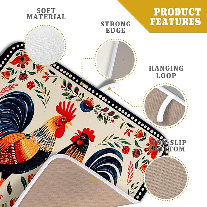 Roosters Chicken Dish Drying Mat for Kitchen Counter Absorbent Microfiber Drying Pad 16 x18 In