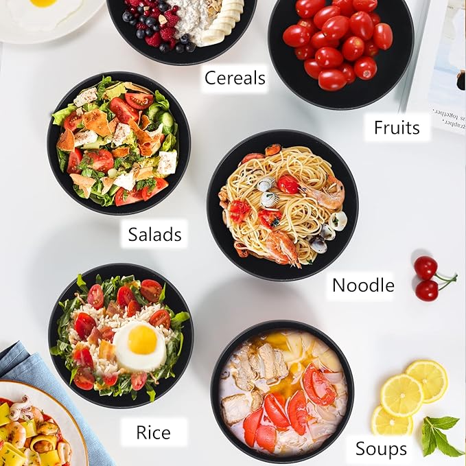 PYRMONT Cereal Bowl Sets of 8 Unbreakable Lightweight 26 OZ Bowls Set Microwave and Dishwasher Safe Wheat Straw Bowls for Soup, Oatmeal, Pasta, and Salad(Black)