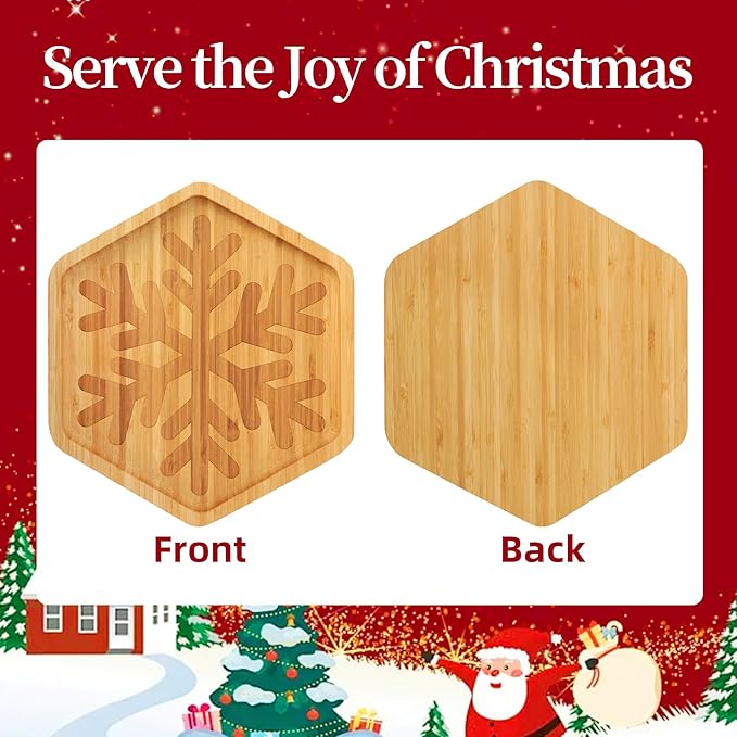 TJ POP Christmas Bamboo Serving Tray – Snowflake Shape – Decorative Sercing Platter for Holiday Snacks & Sweets – Winter Table & Kitchen Decor