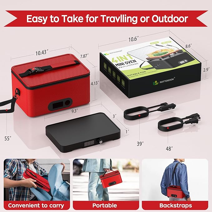 Portable Oven, 12V 24V 110V-240V Car Food Warmer Portable Personal Mini Oven Electric Heated Lunch Box for Meals Reheating & Raw Food Cooking for Road Trip/Camping/Picnic/Family Gathering(Red)