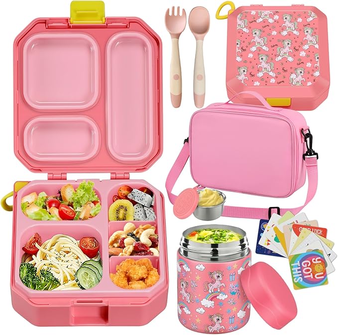 Bento Lunch Box for Kids with 12oz Soup Thermo Leak-Proof Lunch Food Container with 5 Compartment Thermo Hot Food Jar and Insulated Lunch Bag for Kid Toddler Girls Boys to School