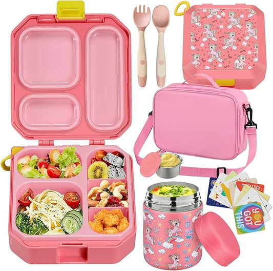Bento Lunch Box for Kids with 12oz Soup Thermo Leak-Proof Lunch Food Container with 5 Compartment Thermo Hot Food Jar and Insulated Lunch Bag for Kid Toddler Girls Boys to School