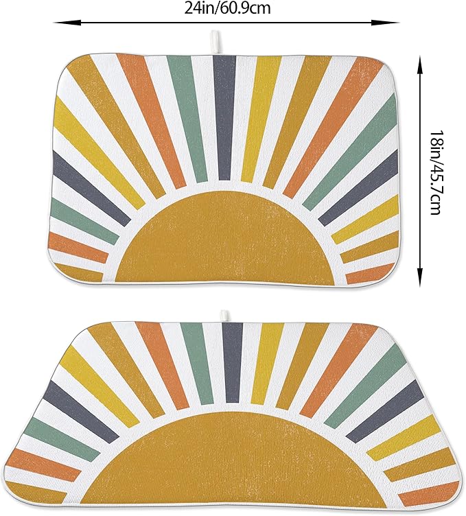 Summer Dish Drying Mats 18x24 Inch Rainbow Sun Stripes Yellow Sunshine Decorative Drying Mats Outdoor Boho Farmhouse Kitchen Decor Coffee Bar Mat for Kitchen Dining Room Decor