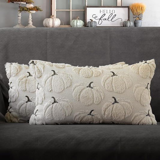 4TH Emotion Fall Pumpkins Decorative Lumbar Pillow Covers 12x20 Set of 2, Beige Soft Plush Faux Fur Wool Farmhouse Throw Cushion Cases for Autumn Thanksgiving Holiday Home Decorations