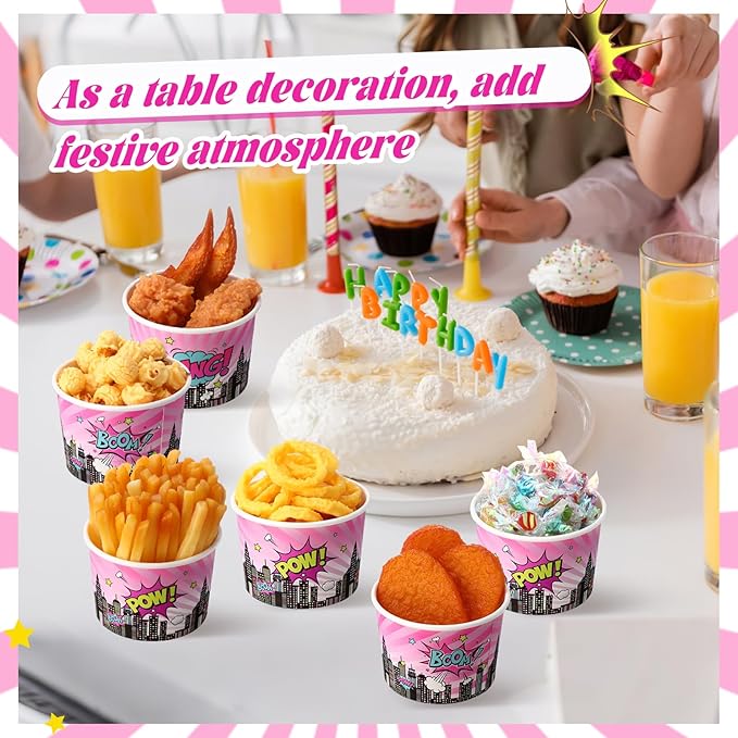50 Pack Pink Hero Treat Snack Cups Girl Pink Comic Hero Ice Cream Cups 9 oz Super Theme Disposable Dessert Bowls Paper Soup Bowls for Hot or Cold Food for Birthday Baby Shower Party Supplies