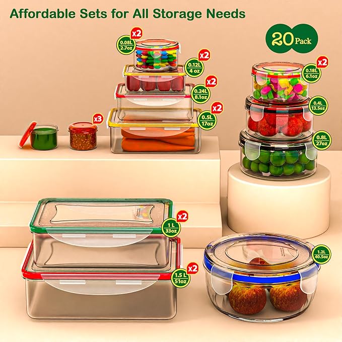 40 Pcs Food Storage Containers with Lids Airtight- Plastic Meal Prep Container for Pantry Kitchen Organization, Microwave, Dishwasher, Freezer Safe -100% Leak Proof (20 Stackable Boxes-20 Lids)