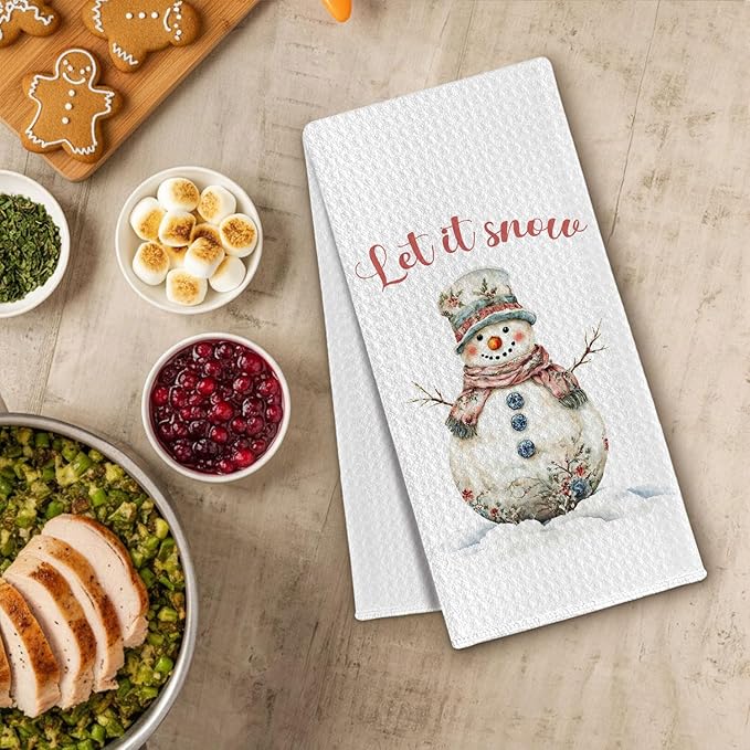 Chinoiserie Winter Snowman Kitchen Towels, Vintage Christmas Dish Towels Drying Cloth for Kitchen, Let It Snow Shabby Chic Xmas Snowman Decorative Hand Towel for Bathroom, 16x24 Inch