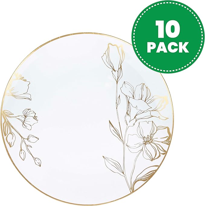 [10'' Plates 10 Count] White Plastic Floral Design Party Dinner Plates With Gold Rim Premium heavyweight Elegant Disposable Tableware Dishes