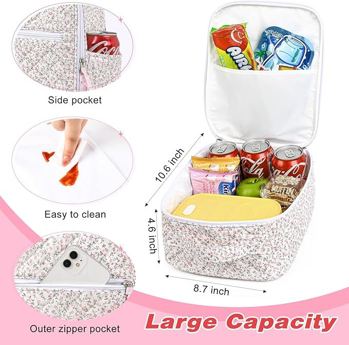 Aileam Lunch Box Lunch Bag for Women Cute Girls Insulated Womens Lunch Bag For Work Quilted Large Capacity Reusable Insulated Cooler for Work School Picnic Travel Pink Little Floral
