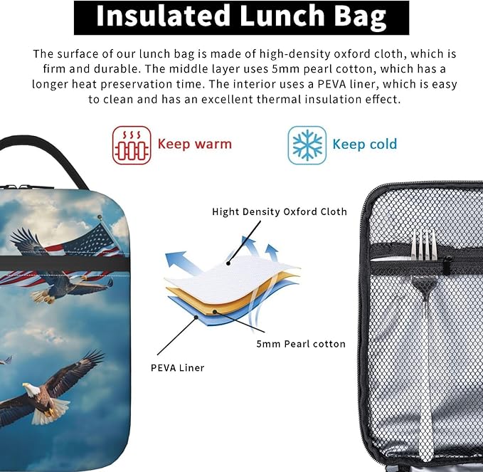 Bald Eagle Print Insulated Lunch Box Gifts for Kids Adults American Flag and Blue Sky Design Reusable Portable Lunchbox Cooler Lunchbag for Work Picnic School Travel or Hiking