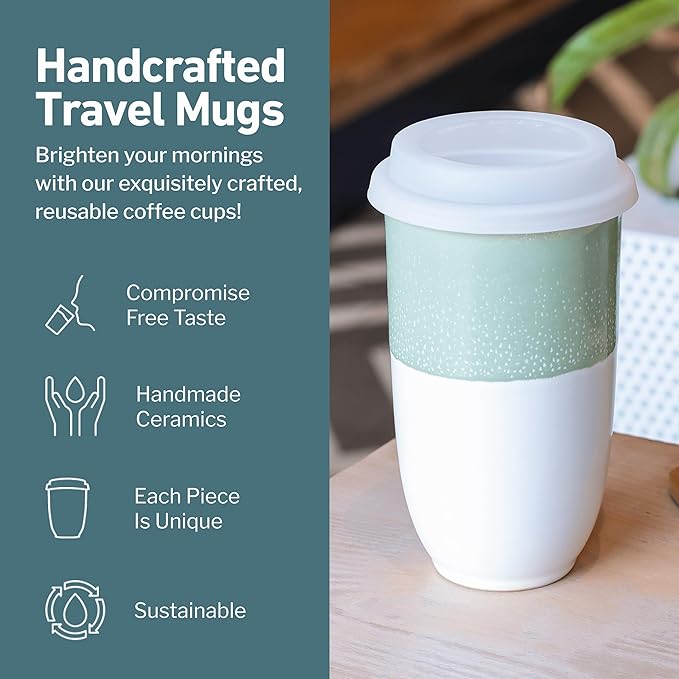 Travel Mug - Tea Tumbler– Microwave & Dishwasher Safe Coffee Mug Green & White Tumbler - Gifts For Women Men Him Her – 16oz – Sage Green