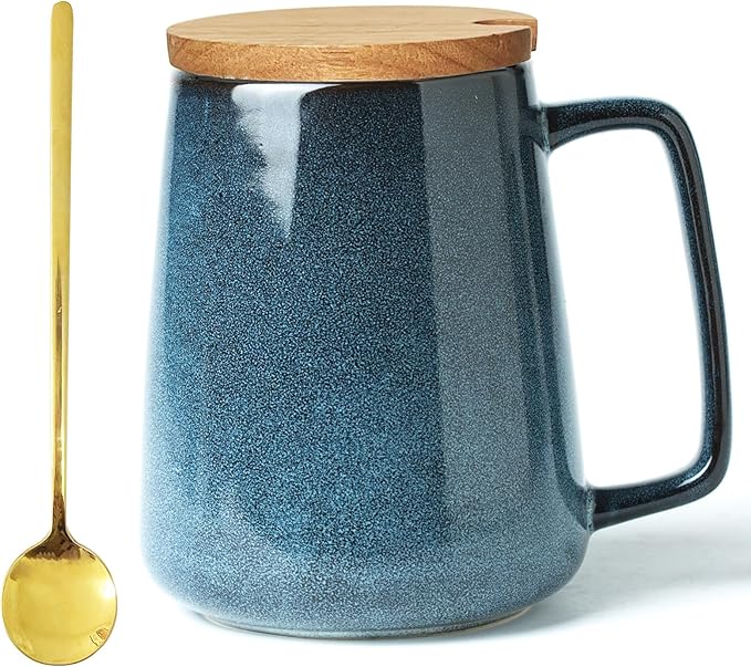 24 OZ Extra Large Ceramic Coffee Mug, with Spoon and Wooden Lid, Big Tea Cups with a Large Handle for Office and Home, Microwave and Dishwasher Safe (24 oz Blue Set)