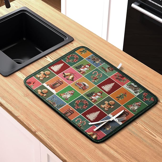 Christmas Dish Drying Mats for Kitchen Counter Cute Xmas Holiday Dish Drainer Pad Microfiber Absorbent Winter Dish Draining Mat Washable Dish Drainer Rack Mat Extra Large 18x24 Inch
