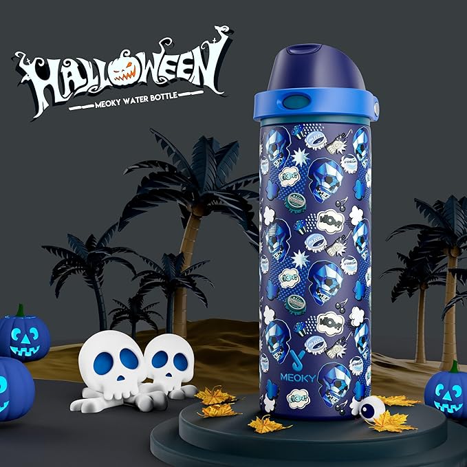 24 oz Insulated Water Bottle for Halloween: Meoky Stainless Steel Water Bottle with 2-in-1 Lid - Leak Proof, Cold for 24 Hours, Protective Silicone Base, Halloween Gifts for Adults, Spooky Fun