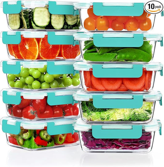 VERONES 10Pack 22OZ Glass Meal Prep Containers, Airtight Glass Lunch Containers Set, Glass Food Storage Containers with Lids,Exclusive of BPA, for Microwave, Oven, Freezer&Dishwasher Friendly,Green
