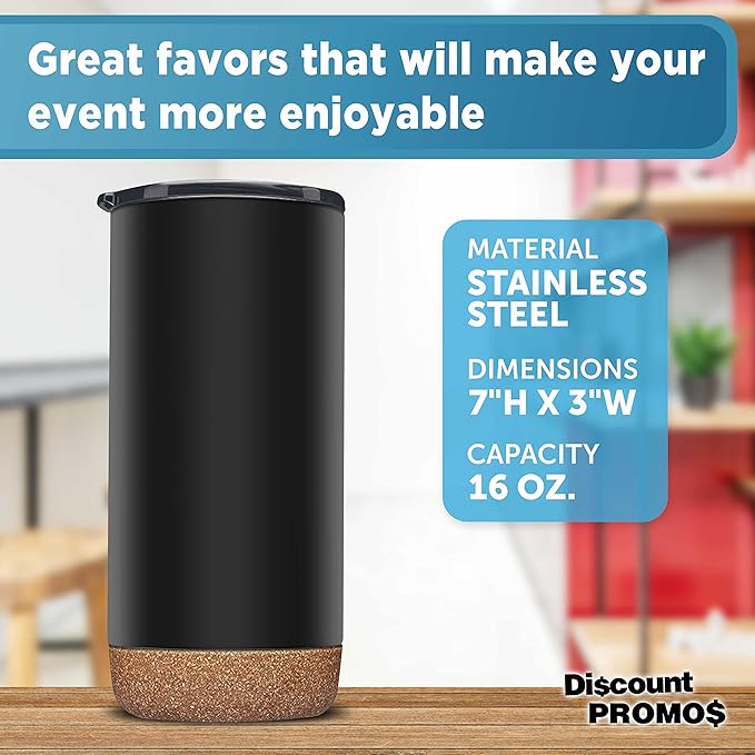 DISCOUNT PROMOS Travel Tumblers with Cork Bottom 16 oz. Set of 10, Bulk Pack - Double Wall Insulated, Matte Finish, Perfect for Iced Coffee, Soda, Other Beverages - Black