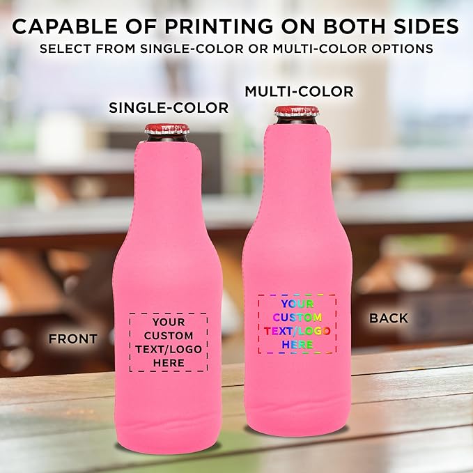 10 Neoprene Zippered Beer Bottle Coolies Pack - Customizable Text, Logo - Sharkskin Rubber Bottom - Neon Pink