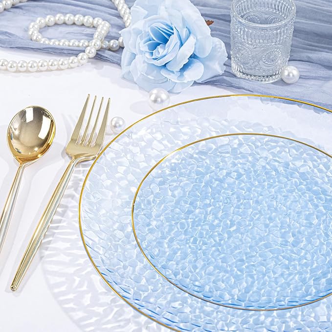 SUT 100Pcs Blue Plastic Plates, Hammered Plates Disposable Heavy Duty, Blue Disposable Plates With Gold Rim, Fancy Plastic plates Include 50 Dinner and 50 Dessert plates for Wedding