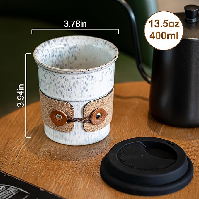 Ceramic Coffee Tumbler, Large Travel Coffee Mug with Lid, Large Porcelain Coffee Cup, Reusable Tea Mug, Microwave & Dishwasher Safe, Coffee Gifts for Men & Women, 13.5oz