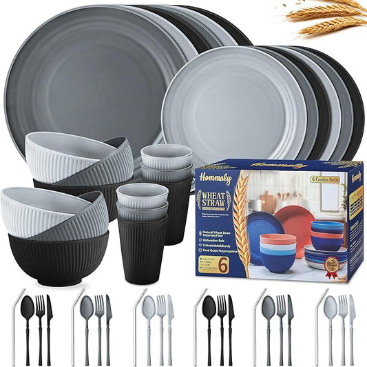 Wheat Straw Dinnerware Sets,48-Piece Plates and Bowls Sets for 6-Unbreakable,Reusable Plastic Dish Set-Dinner Plate/Dessert Plate/Cereal Bowl/Cup/Utensils-Microwave Dishwasher Safe 48P-Profound Gray