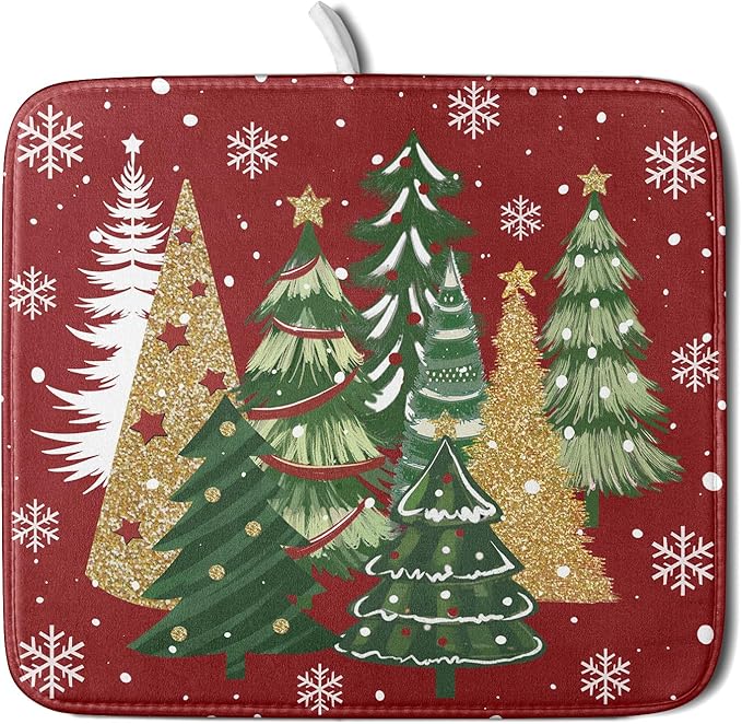 Christmas Red Dish Drying Mats 16x18 Inch, Gold Green Xmas Pine Trees Winter Holiday Absorbent Fast Dry Microfiber Dishes Drainer Rack Pad Farmhouse Rustic Holiday Kitchen Decor