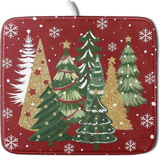 Christmas Red Dish Drying Mats 16x18 Inch, Gold Green Xmas Pine Trees Winter Holiday Absorbent Fast Dry Microfiber Dishes Drainer Rack Pad Farmhouse Rustic Holiday Kitchen Decor