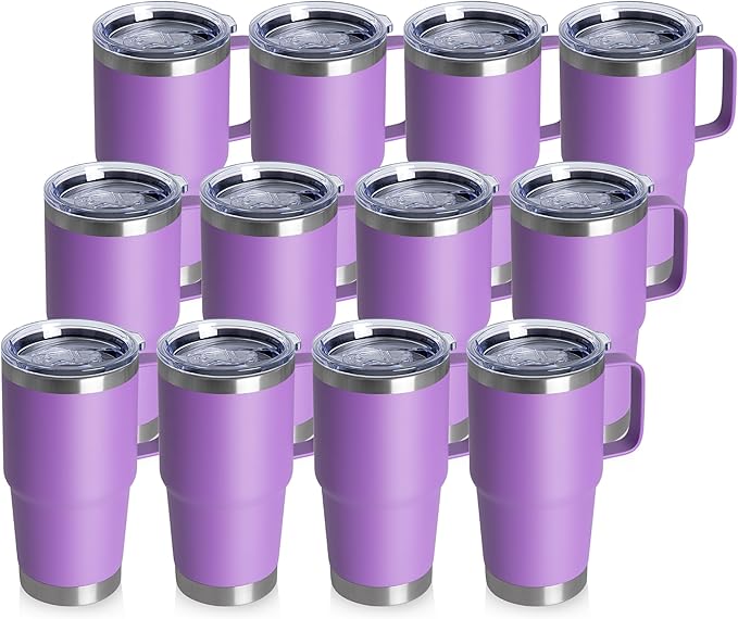 20oz Tumbler Bulk with Lid, Stainless Steel Tumbler Bulk with Handle, Metal Insulated Travel Coffee Mug Set with Handle, Double Wall Vacuum Leak Proof Tumbler Cup, Purple 12 Pack