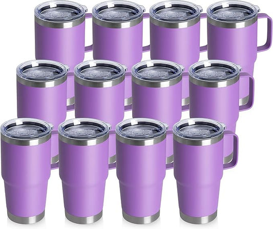 20oz Tumbler Bulk with Lid, Stainless Steel Tumbler Bulk with Handle, Metal Insulated Travel Coffee Mug Set with Handle, Double Wall Vacuum Leak Proof Tumbler Cup, Purple 12 Pack