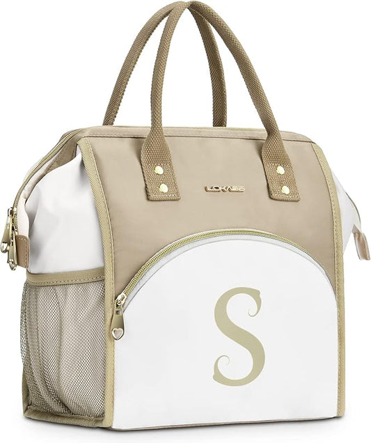 Personalized Lunch Box for Women, Reusable Insulated Lunch Bag, Wide-Open Adult Lunchbox Cooler Lunchbag Snack Organizer, Initial Leakproof Lunch Tote Bag for Picnic Work Outdoors, S