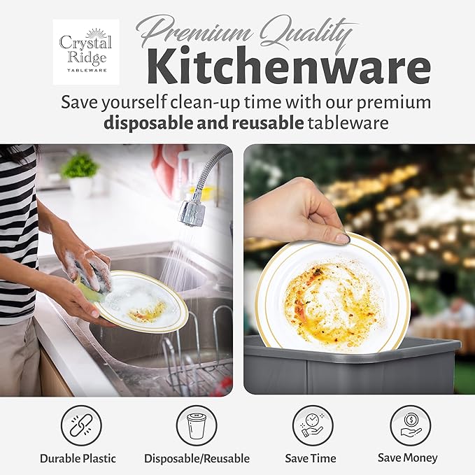 120-Piece Salad Plastic Plates Set - Premium Disposable Plates for Party, Wedding - White with Gold Rim