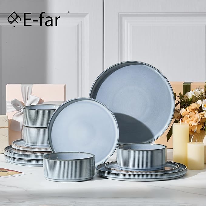 E-far Stoneware Dinnerware Sets, 18-Pieces Modern Plates and Bowls Sets, Kitchen Dinning Porcelain Dishes Set for 6, Chip & Scratch Resistant, Dishwasher & Microwave Safe, Dusty Blue