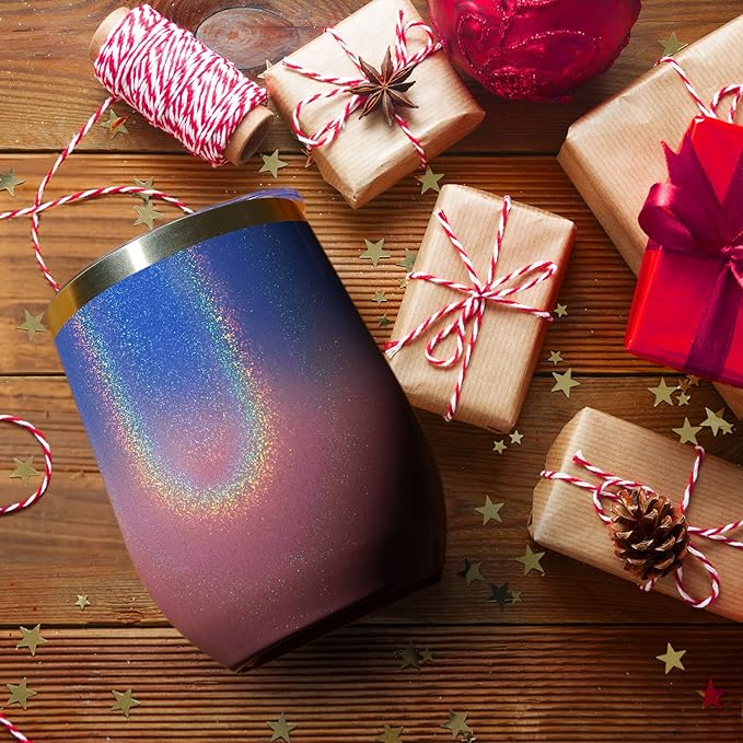 MEWAY 12oz/4 Pack Wine Tumbler Glasses with Lid - Stemless Double Wall Vacuum Stainless Steel Glitter Tumbler - Keeping Cold & Hot Cup for Coffee,for Women(Gradient Pink,Set of 4)