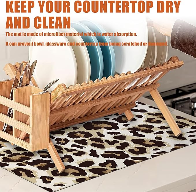 Brown Leopard Dish Drying Mat for Kitchen Counter Microfiber Absorbent Dish Kitchen Drying Mat Draining Reusable Washable for Dishes/Utensils/Counterto