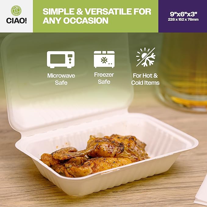 CIAO! 9"X6"X3" Clamshell 1 Compartment 100% Compostable Ecofriendly PFAS Free Unbleached Bagasse Natural White (250/case)