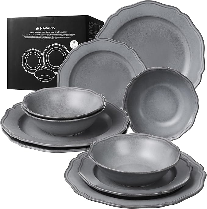 Navaris Scandi Style Porcelain Dinnerware Set - Ceramic Crockery Sets for 4 - Stackable Dishes with Dinner and Salad Plates Cereal Bowls - Dishwasher & Microwave Safe - 12pcs Grey