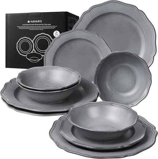 Navaris Scandi Style Porcelain Dinnerware Set - Ceramic Crockery Sets for 4 - Stackable Dishes with Dinner and Salad Plates Cereal Bowls - Dishwasher & Microwave Safe - 12pcs Grey