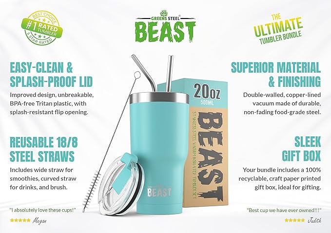 Beast 20 oz Tumbler Stainless Steel Vacuum Insulated Coffee Ice Cup Double Wall Travel Flask (Aquamarine Blue)