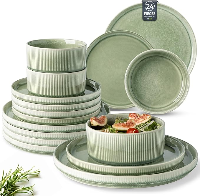 GBHOME Stoneware Dinnerware Sets for 8,Round Reactive Glaze Ceramic Plates and Bowls Set,Highly Scratch Resistant | Dishwasher & Microwave Safe Dishes Set,Service for 8(24pcs)