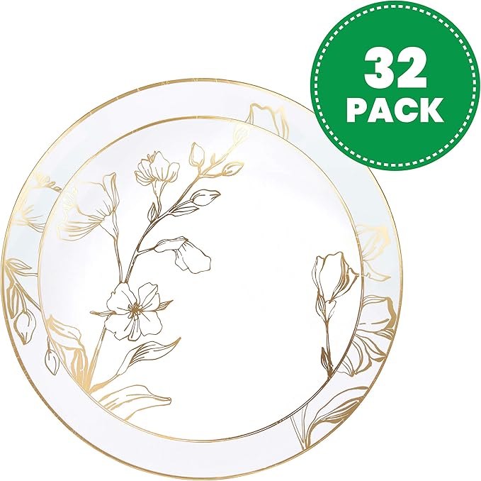 PLASTICPRO 32 Piece Combo Plates Set includes 16-7'' inch Plates & 16-10'' inch Plate White Plastic Floral Design Party With Gold Rim, Premium heavyweight Elegant,Dishes,