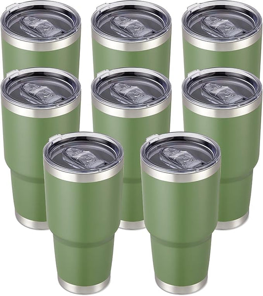 30 oz Tumbler with Lid Stainless Steel Tumblers Bulk Vacuum Insulated Cup Reusable Powder Coated Travel Mug Double Wall Leak Proof Cups Keep Cold Drinks for 12 Hours Army Green, Set of 8