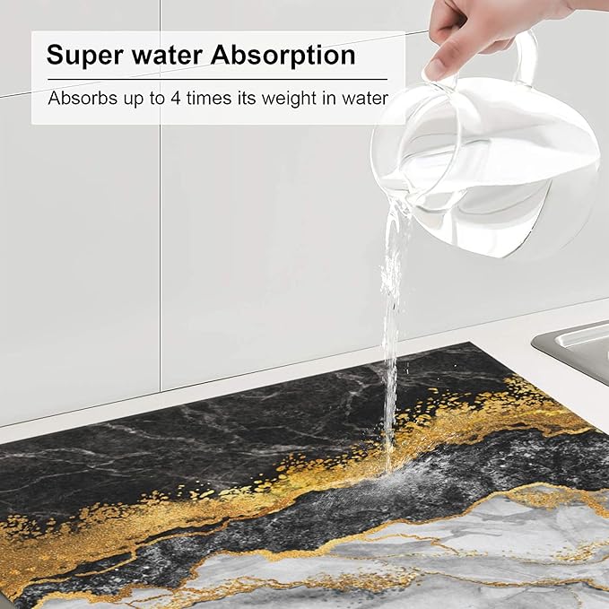 Black Gold Marble Dish Drying Mat for Kitchen Counter Gold and Black Grey Dish Drainer Rack Mats 16x18 Inches Absorbent Reversible Cute Drying Pad
