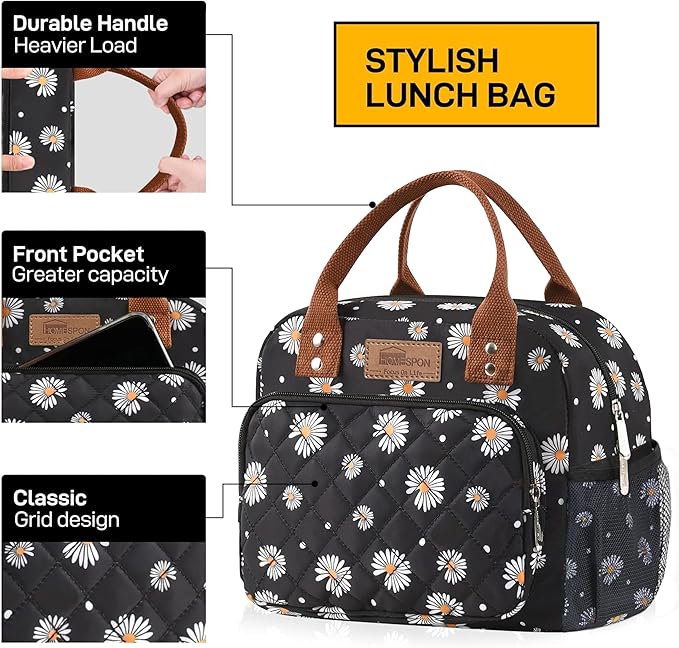 Buringer HOMESPON Lunch Bag for Woman Man Adults with Front Pocket Insulated Lunch Tote Lunch Box Container for Work Picnic or Travel（Daisy with Side Pockets）
