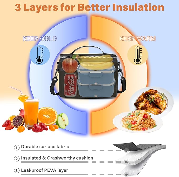 Tirrinia Insulated Lunch Bag for Women Men, Leakproof Lunch Box Containers for Adult, Work, School, Soft Lunchbox for Kids,Boys, Adult Cooler Bag for Picnic Hiking Beach,Black Checkered