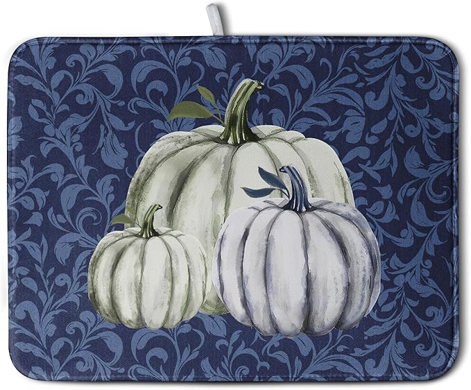 Autumn Dish Drying Mat Fall Navy Blue White Pumpkin Dish Pad for Kitchen Counter 18x24 Microfiber Absorbent Thanksgiving Dish Draining Mat Reusable Washable Dish Drainer Rack Mat