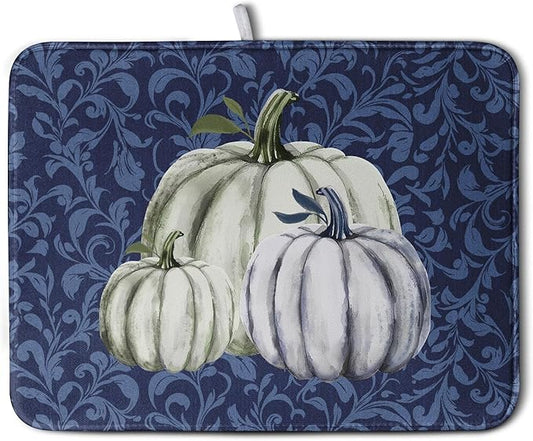 Autumn Dish Drying Mat Fall Navy Blue White Pumpkin Dish Pad for Kitchen Counter 18x24 Microfiber Absorbent Thanksgiving Dish Draining Mat Reusable Washable Dish Drainer Rack Mat
